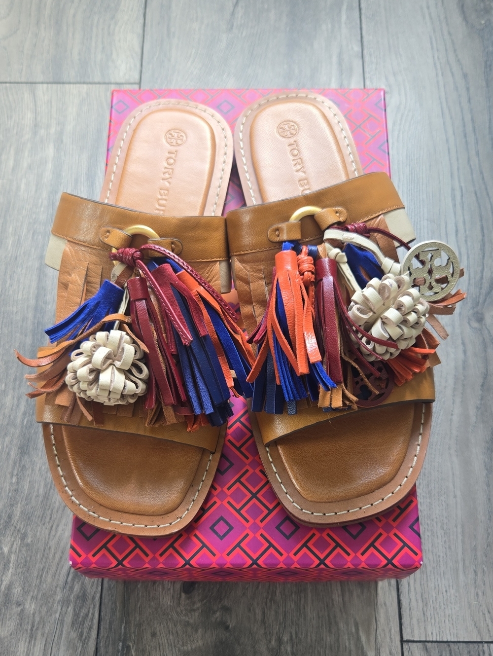 Tory Burch Miller Tassel Slide Sandals With Multi-colored Charms